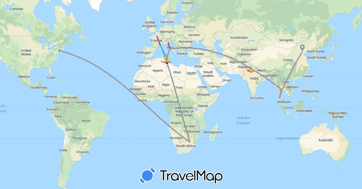 TravelMap itinerary: driving, plane, cycling, train, boat, hitchhiking in China, France, India, Italy, Thailand, Tunisia, United States, South Africa, Zambia (Africa, Asia, Europe, North America)