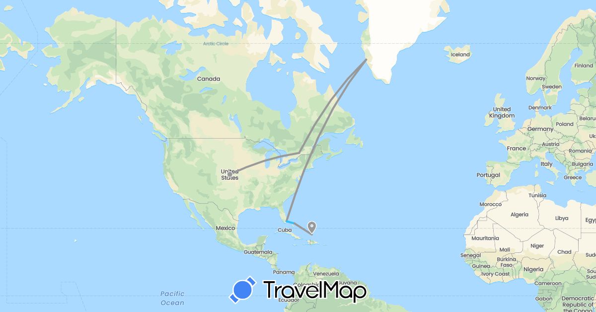 TravelMap itinerary: driving, plane, boat in Bahamas, Canada, Greenland, Turks and Caicos Islands, United States (North America)