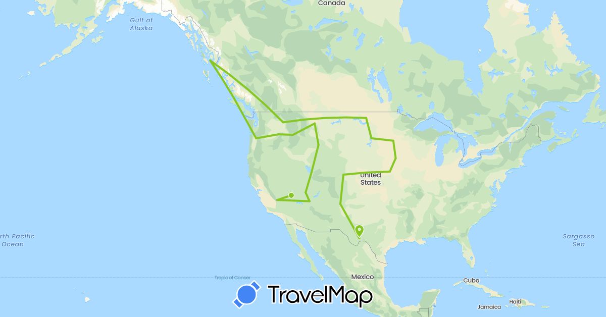 TravelMap itinerary: driving, electric vehicle in United States (North America)