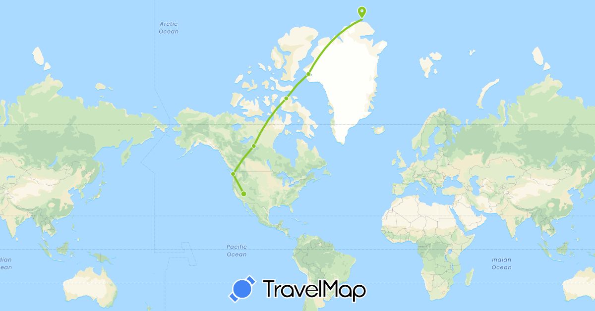 TravelMap itinerary: driving, electric vehicle in Canada, Greenland, United States (North America)
